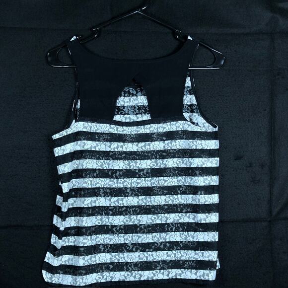 Express Womens Blouse Black White Lace Striped Sheer Tank Scoop Neck Stretch S - Picture 10 of 12